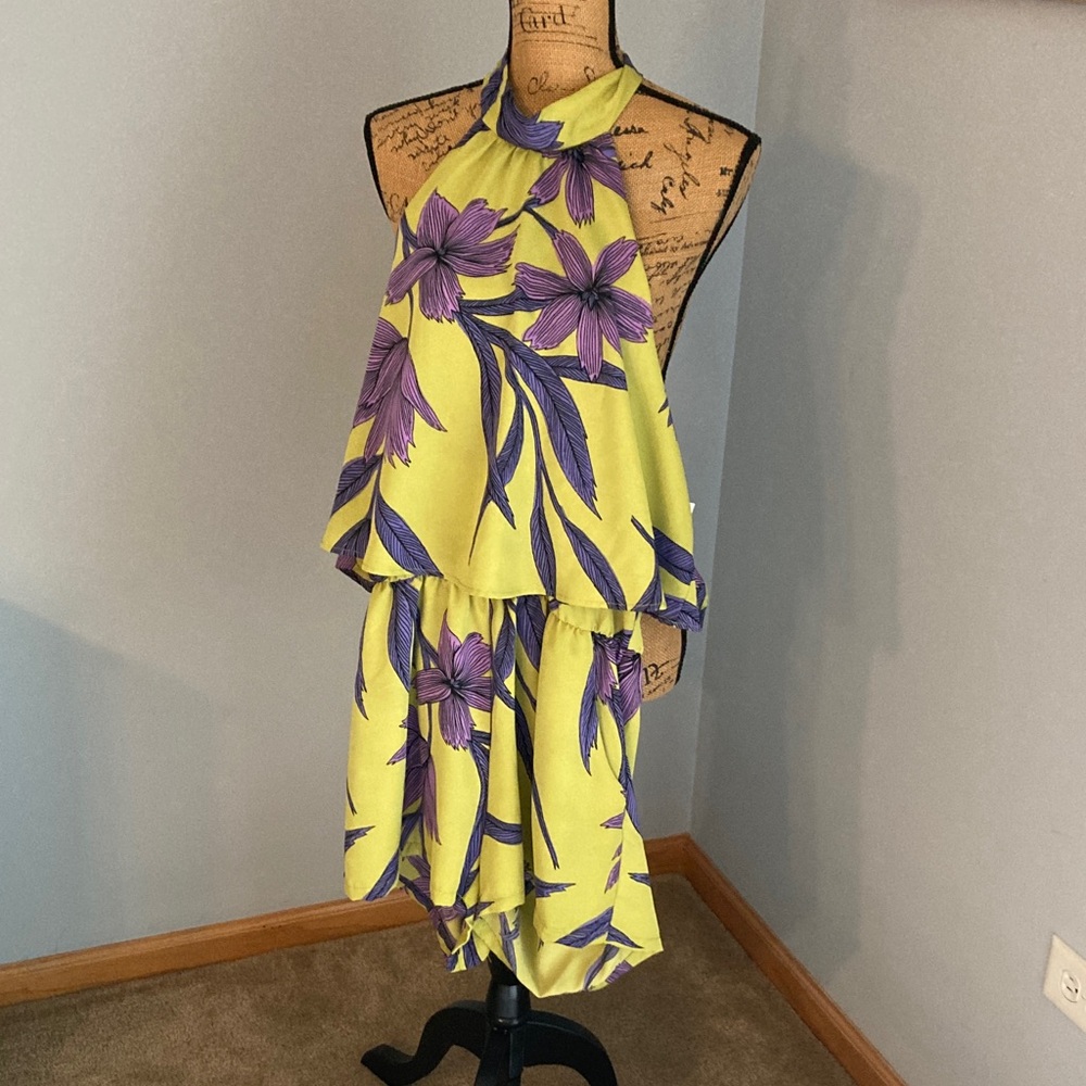 AKIRA Yellow and Purple Floral Halter Romper Shorts NWT Women Size L